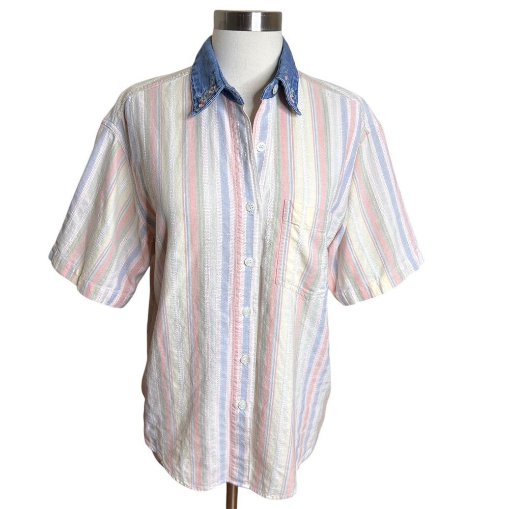 VTG Lemon Grass Top Womens Medium Pastel Striped Denim Collar Short Sleeve